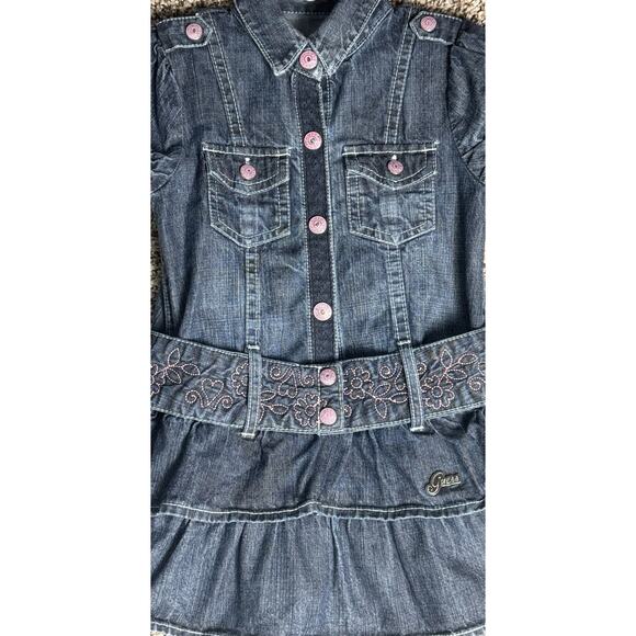 Y2K Baby Guess Denim Dress Girls Sz 24M Tiered Ruffle Puff Sleeve Belt Western - Picture 2 of 8